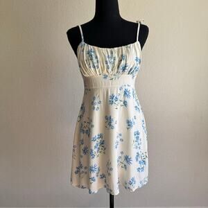 LA Hearts Cream Blue Floral Fit & Flare Mini Dress Size S Milk Maid Coquette